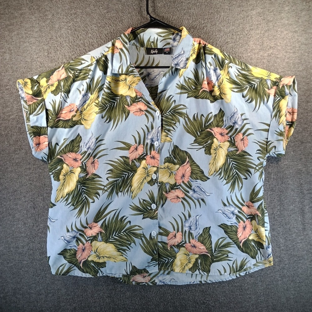 Vintage Tapestry Hawaiian Shirt Woman 2X Rolled Sleeves Floral Blue Made in USA
